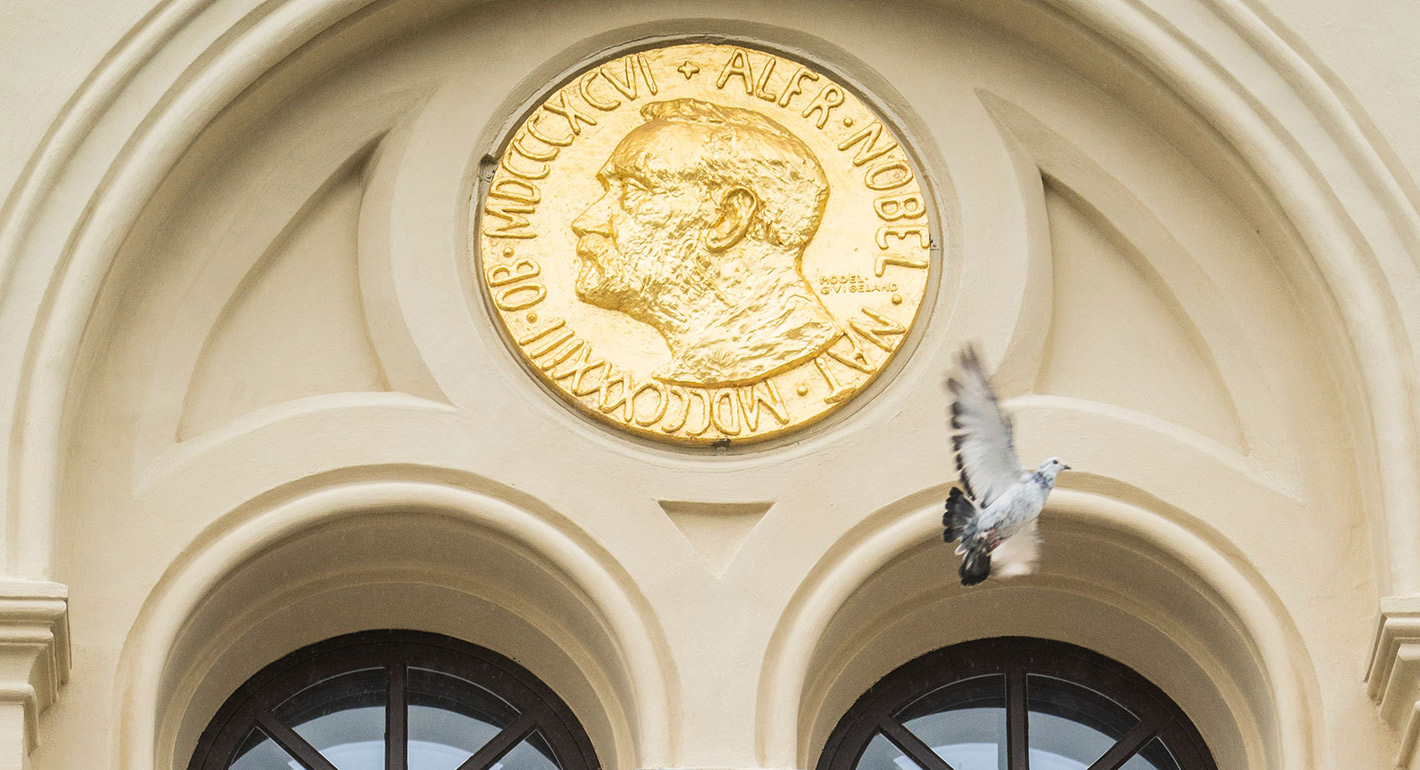 A peace dove flies past a relief of Alfred Nobel after it was released in front of the Nobel Peace Center in Oslo, Norway