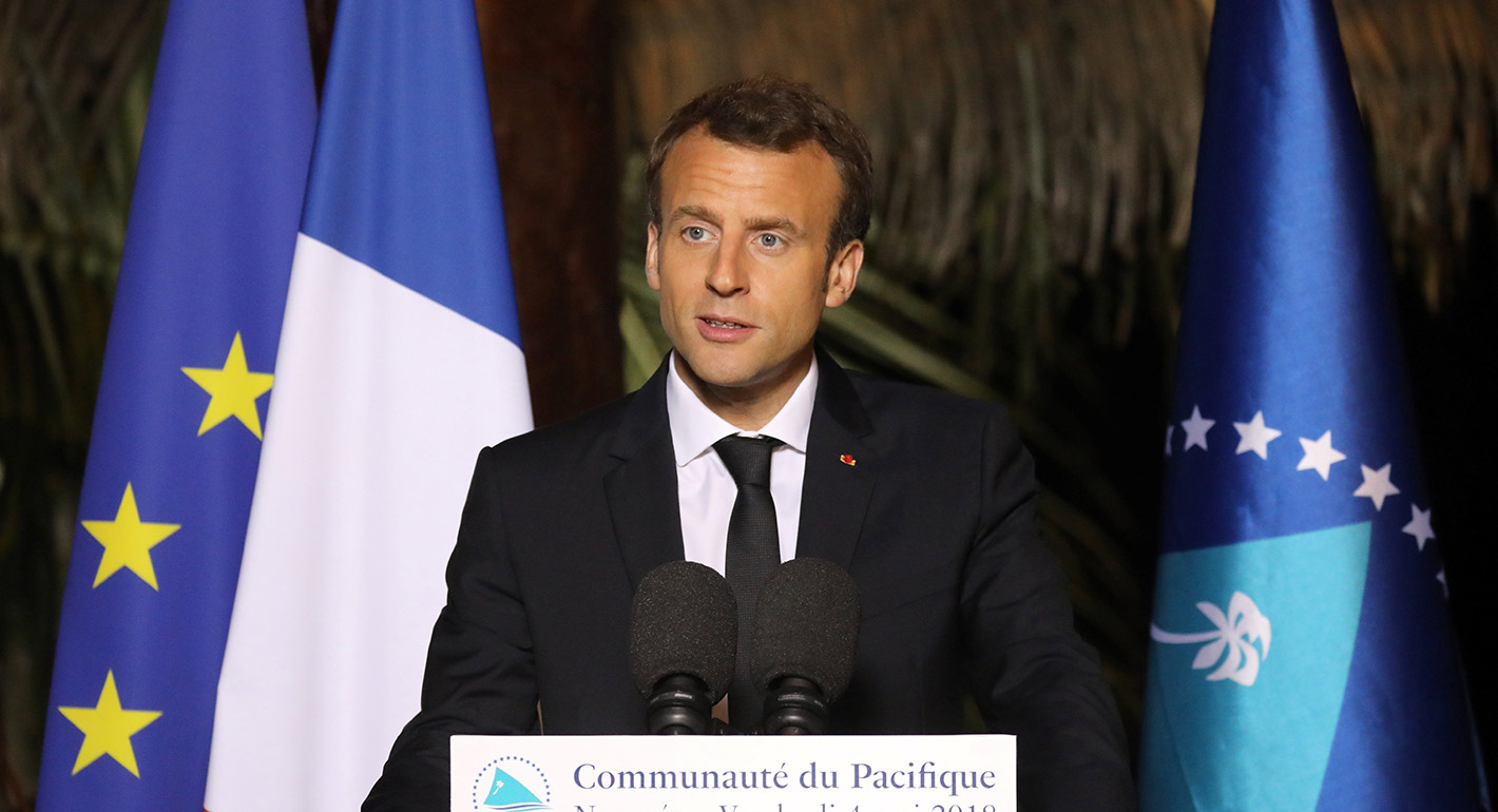 French president Emmanuel Macron gives a speech to members of South Pacific conference, May 2018