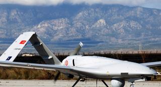 The Turkish-made Bayraktar TB2 drone is pictured on December 16, 2019 at Gecitkale military airbase